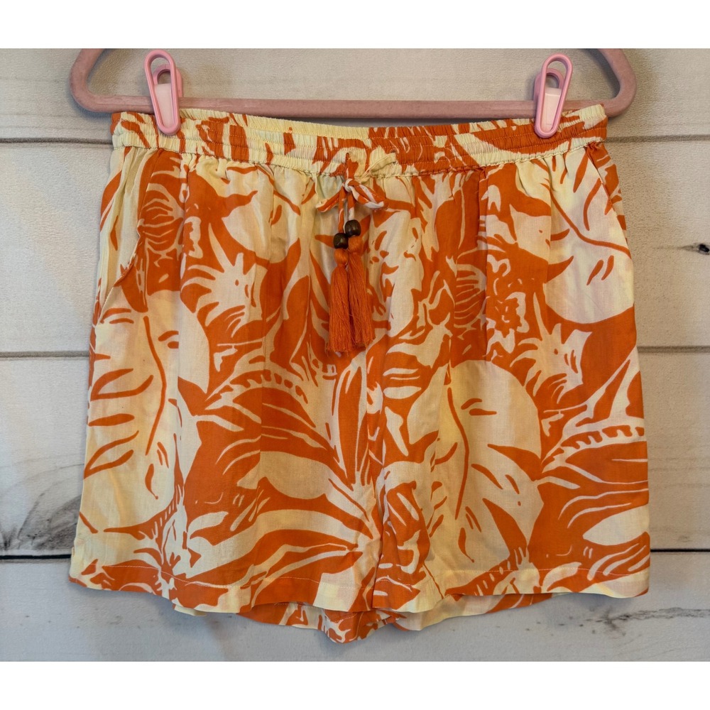 True Destinations Womens Orange Tropical Palm Leaf Rayon Tassel Shorts Size L